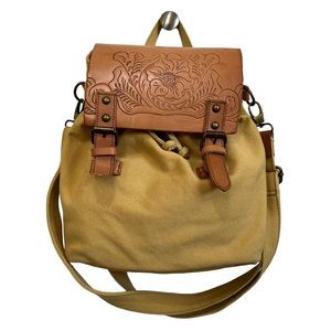 Lucky Brand Almeda Canvas Leather Trim Convertible Bag Backpack Yellow Boho